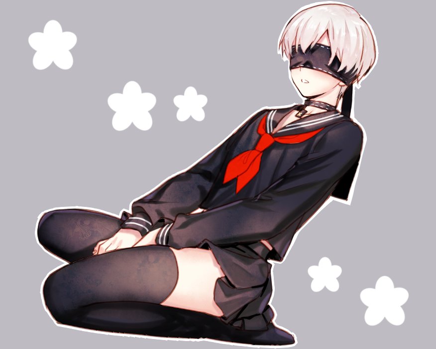 1boy black_skirt blindfold blush crossdressinging male_focus neckerchief nier_(series) nier_automata ninto pleated_skirt school_uniform serafuku short_hair skirt solo thigh-highs trap yorha_no._9_type_s