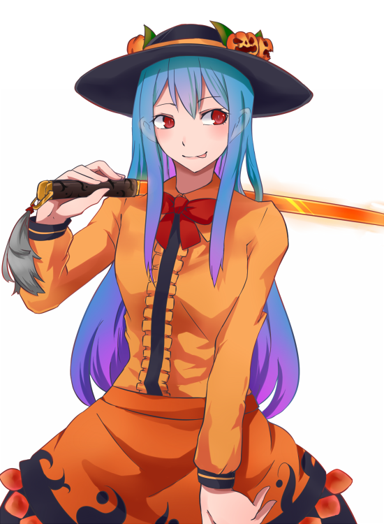 1girl blue_hair gradient_hair hinanawi_tenshi kuroi_no long_hair multicolored_hair over_shoulder red_eyes solo sword sword_of_hisou sword_over_shoulder tongue tongue_out touhou weapon weapon_over_shoulder