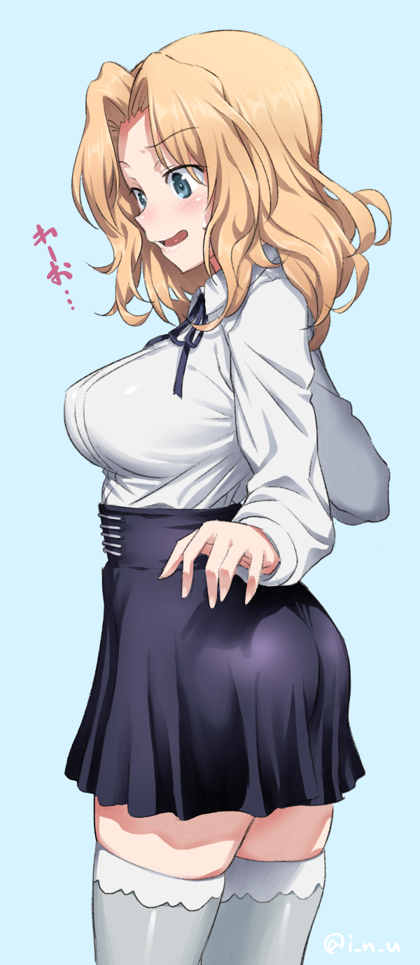 1girl ass blonde_hair blue_background breasts girls_und_panzer highres inu_(aerodog) kay_(girls_und_panzer) long_hair looking_down medium_breasts meme_attire open_mouth simple_background skindentation skirt solo thighs translated twitter_username virgin_killer_outfit