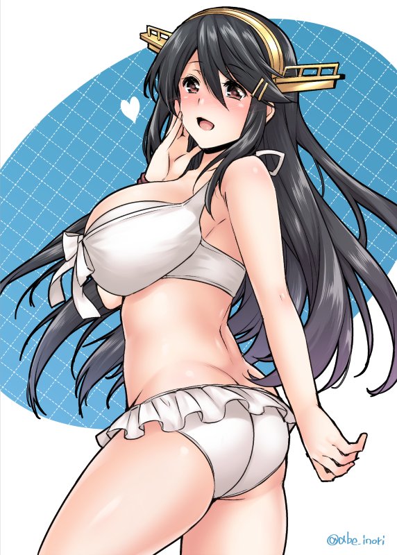 1girl abe_inori bikini black_hair breasts brown_eyes frilled_bikini frills hair_ornament hairband hairclip haruna_(kantai_collection) headgear huge_breasts kantai_collection large_breasts long_hair open_mouth sideboob solo swimsuit