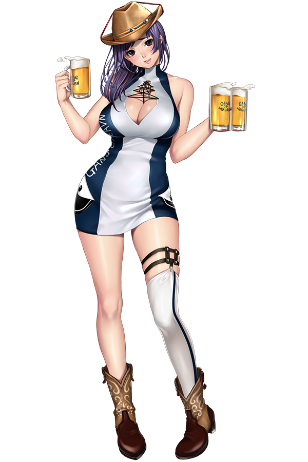 1girl alcohol asymmetrical_legwear bare_shoulders beer beer_mug blush boots breasts character_request cleavage cowboy_boots dress full_body gang_of_heaven hat holding large_breasts long_hair looking_at_viewer masami_chie official_art short_dress smile solo transparent_background turtleneck white_legwear