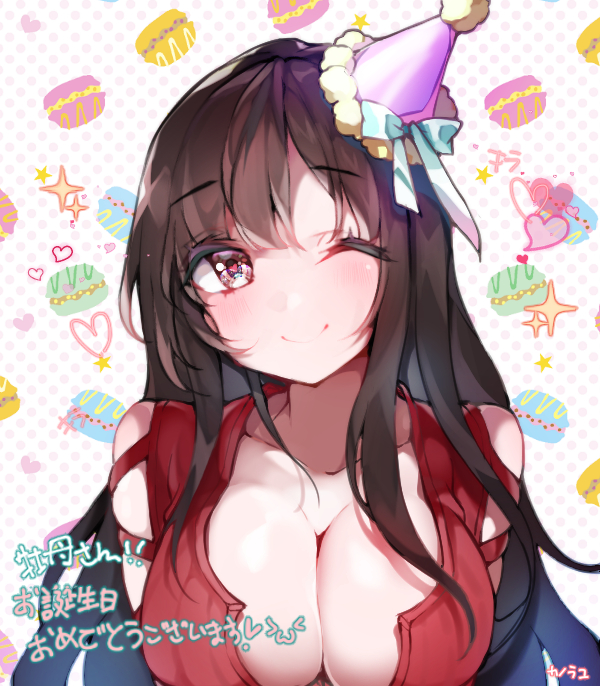 1girl ;) arms_behind_back bangs black_hair blush breasts cleavage commentary_request eyebrows_visible_through_hair hat heart heart-shaped_pupils kanola_u large_breasts long_hair one_eye_closed original party_hat smile symbol-shaped_pupils translation_request very_long_hair