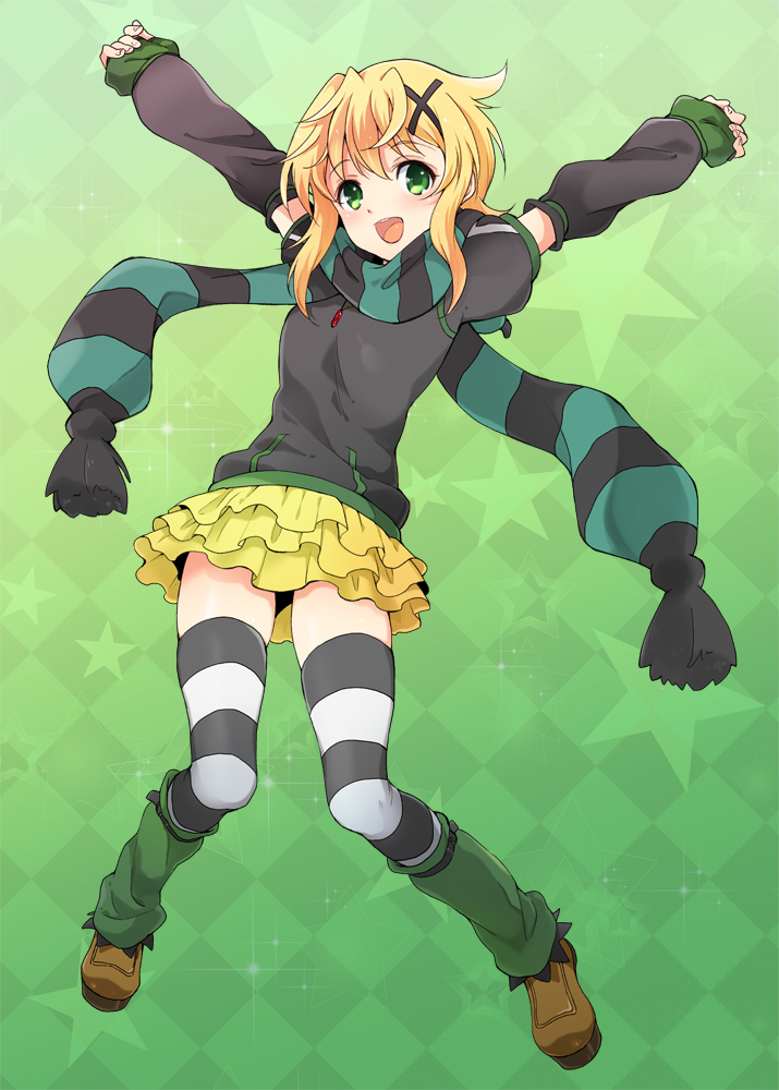 1girl :d akatsuki_kirika arm_warmers bangs black_shirt blonde_hair brown_shoes buckle checkered checkered_background commentary_request eyebrows_visible_through_hair full_body green_background green_eyes hair_ornament jewelry jumping layered_skirt legs_apart necklace open_mouth pendant plum_(arch) scarf senki_zesshou_symphogear shirt shoes short_hair short_sleeves skirt smile solo star striped striped_legwear striped_scarf tareme thigh-highs x_hair_ornament yellow_skirt zettai_ryouiki