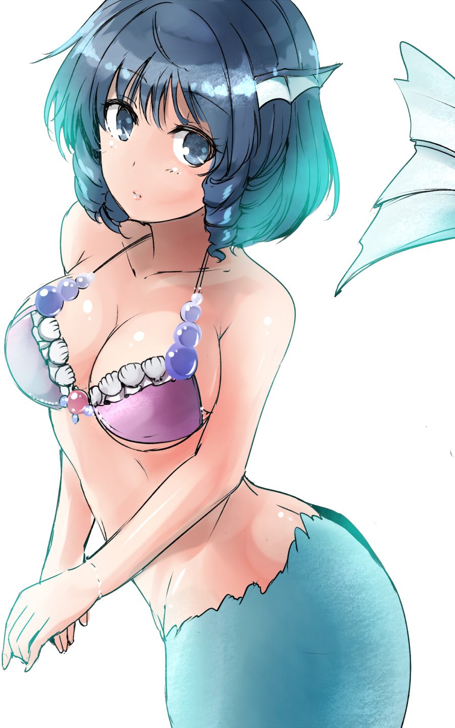 1girl alternate_costume bare_arms bare_shoulders bikini bikini_top blue_eyes blue_hair breasts cleavage closed_mouth collarbone fish_tail head_fins highres looking_at_viewer medium_breasts mermaid monster_girl purple_bikini_top ringlets shell short_hair solo stomach swimsuit touhou wakasagihime y2