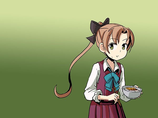 1girl adrian_ferrer akigumo_(kantai_collection) black_ribbon bowl brown_hair chopsticks eating food food_in_mouth food_on_face gradient gradient_background green_background green_eyes hair_ribbon kantai_collection ponytail ribbon solo