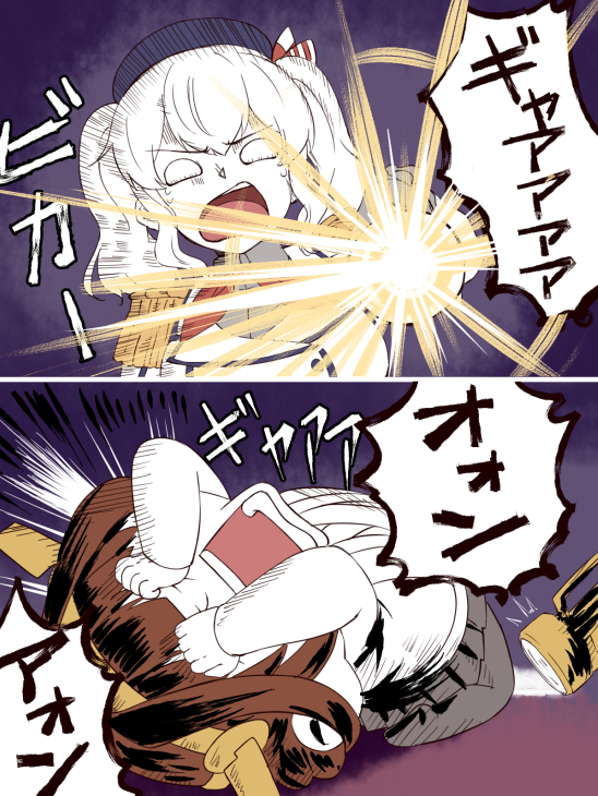 2girls 2koma ahoge beret chibi comic commentary_request covering_eyes crying crying_with_eyes_open epaulettes flashlight hat headgear ishii_hisao kantai_collection kashima_(kantai_collection) kongou_(kantai_collection) military military_uniform multiple_girls open_mouth pleated_skirt silver_hair skirt tears translation_request twintails uniform wavy_hair