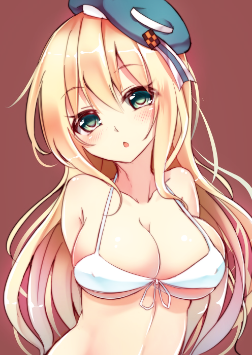 1girl arms_behind_back atago_(kantai_collection) bikini blonde_hair blush breasts cleavage commentary_request erect_nipples front-tie_top green_eyes hat kantai_collection large_breasts long_hair looking_at_viewer open_mouth simple_background solo suishin_tenra swimsuit upper_body white_bikini