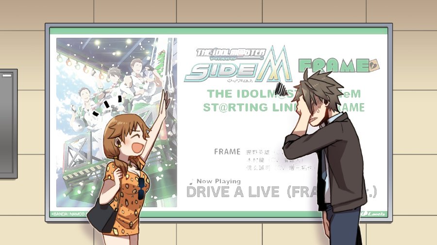 1boy 1girl akuno_hideo arm_up bag blue_necktie breasts brown_hair closed_eyes covering_face dress frame_(idolmaster) handbag idolmaster idolmaster_cinderella_girls idolmaster_side-m jacket katagiri_sanae kimura_ryuu necktie open_clothes open_jacket poster shaded_face sharp_teeth shingen_seiji short_dress squiggle sunglasses sunglasses_removed teeth trait_connection wm_(chawoo1357)
