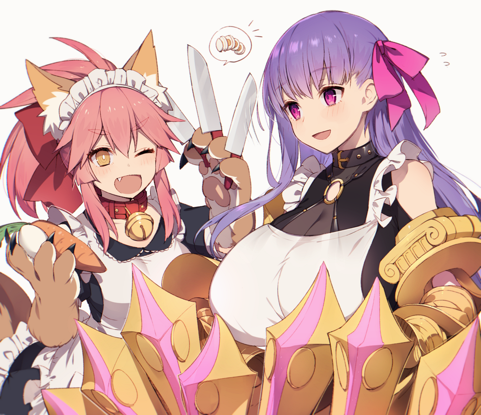 &gt;;d 2girls :d ;d alternate_costume animal_ears apron bangs bell bell_collar black_dress blush bow breasts bright_pupils buckle carrot claws cleavage collar collarbone daikon dress enmaided fang fate/extra fate/extra_ccc fate/grand_order fate_(series) flying_sweatdrops food fox_ears fox_tail gloves hair_ribbon holding holding_knife huge_breasts jingle_bell knife large_breasts long_hair maid maid_headdress motion_lines multiple_girls muryotaro o-ring_top one_eye_closed open_mouth passion_lip paw_gloves paws pink_eyes pink_hair pink_ribbon ponytail purple_hair red_bow ribbon simple_background sleeveless sleeveless_dress smile speech_bubble spoken_food straight_hair tail tamamo_(fate)_(all) tamamo_cat_(fate) thick_eyebrows tsurime upper_body vegetable very_long_hair violet_eyes white_apron white_background yellow_eyes