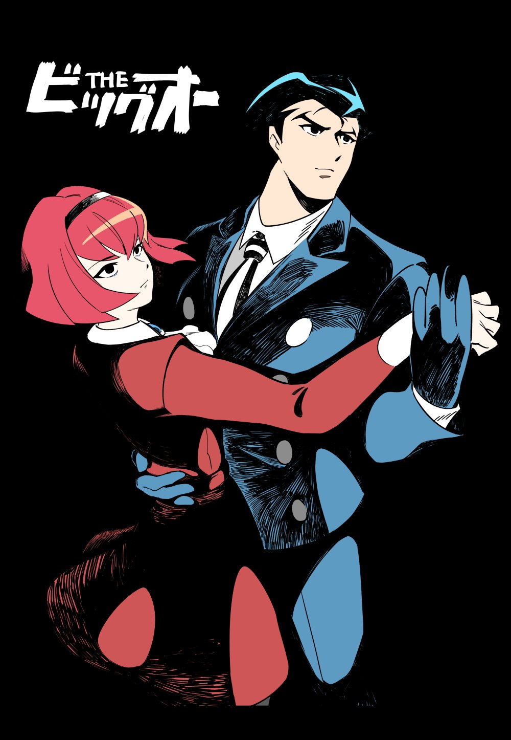 1boy 1girl android black_background black_eyes black_gloves black_hair bob_cut copyright_name dancing dress emu_(eomou) expressionless eyebrows formal gloves hairband highres looking_afar necktie pale_skin r_dorothy_wayneright redhead roger_smith short_hair simple_background suit the_big_o