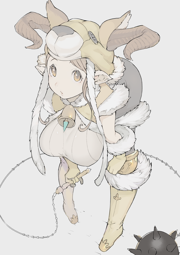 1girl animal_hat bell bokokichi_(you) boots breasts brown_eyes brown_gloves brown_hair buttons commentary_request daetta_(granblue_fantasy) doraf full_body fur_trim gloves granblue_fantasy grey_background hat holding holding_weapon horns large_breasts leaning_forward long_hair looking_at_viewer pantyhose pointy_ears simple_background solo weapon