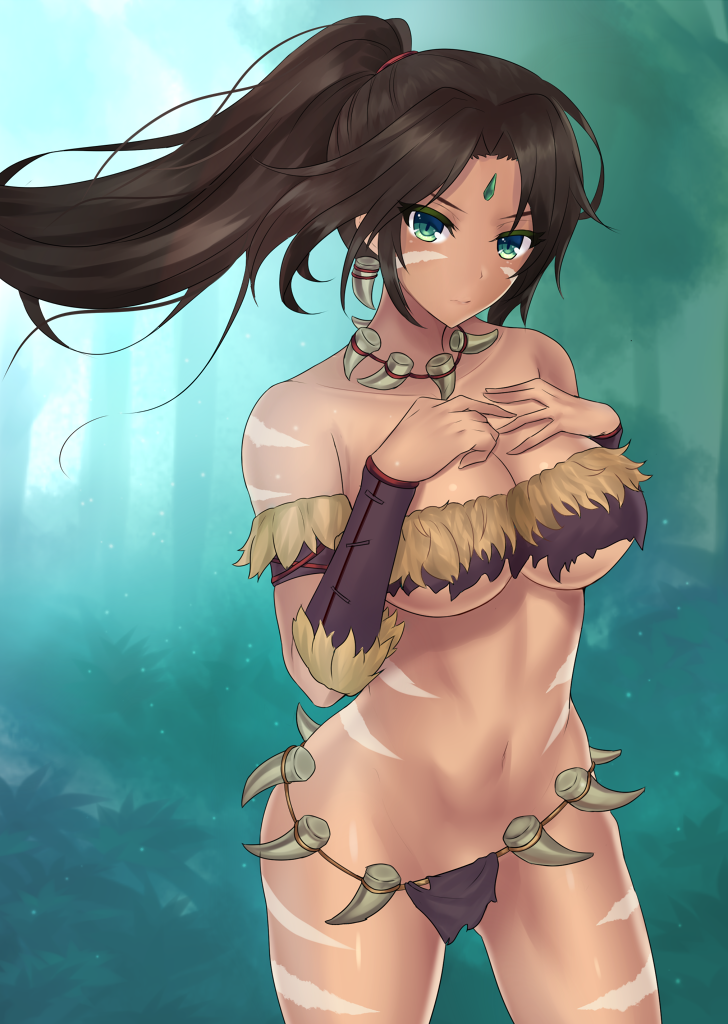 1girl bare_shoulders body_markings breasts brown_hair cleavage dark_skin earrings ero_waifu facial_mark fang_necklace feathers forehead_jewel green_eyes hair_feathers hand_on_own_chest jewelry large_breasts league_of_legends long_hair looking_at_viewer midriff navel nidalee outdoors parted_lips ponytail solo standing stomach