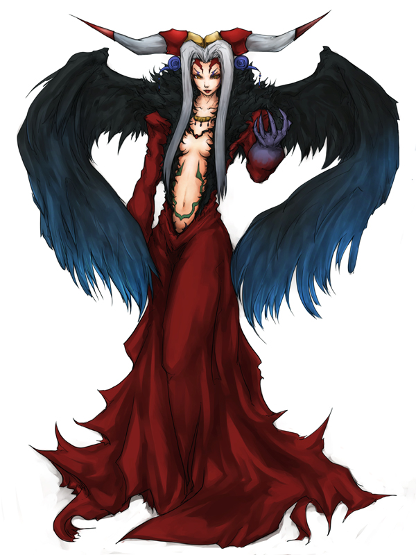 arm_up black_wings breasts claws cleavage dissidia_final_fantasy dress final_fantasy final_fantasy_viii ftd grey_hair horns long_hair navel no_bra red_dress silver_hair solo tattoo ultimecia wings