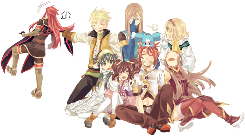 5boys anise_tatlin asch blonde_hair blue_eyes blush brown_eyes brown_hair elbow_gloves glasses gloves green_eyes green_hair guy_cecil hair_tubes hairband happy ion jade_curtiss long_hair luke_fon_fabre mieu miho_(mi) multiple_boys multiple_girls natalia_luzu_kimlasca_lanvaldear pigtails red_hair redhead short_hair smile smiling sunny_spot surcoat tales_of_(series) tales_of_the_abyss tear_grants