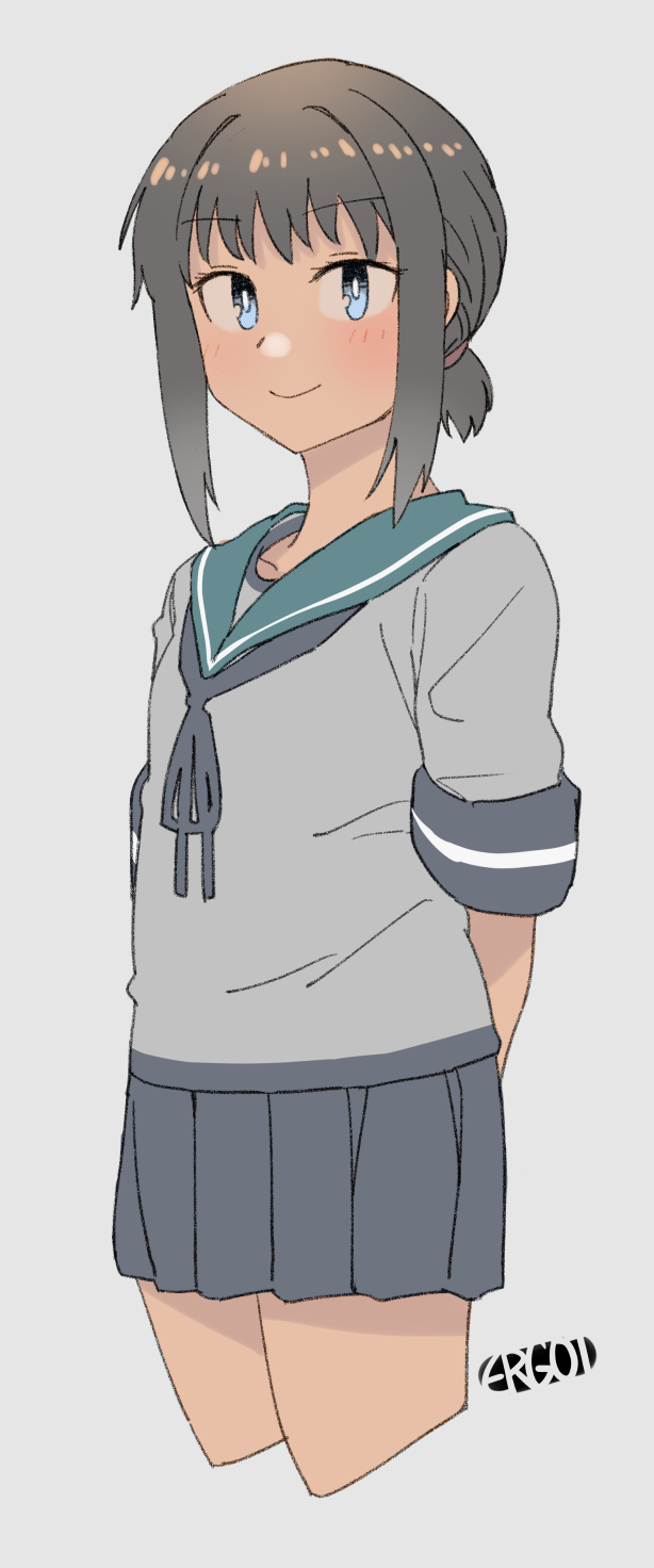 1girl aqua_eyes arm_behind_back artist_name black_hair blue_neckerchief blue_sailor_collar blue_skirt collared_shirt commentary_request cropped_legs ergot fubuki_(kancolle) grey_background highres kantai_collection looking_at_viewer low_ponytail medium_hair neckerchief pleated_skirt ponytail sailor_collar sailor_shirt school_uniform serafuku shirt short_ponytail sidelocks skirt solo white_shirt