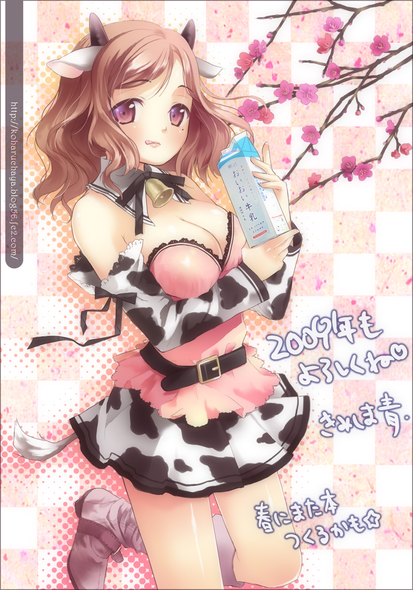 animal_ears bell belt boots breasts brown_hair cherry_blossoms cleavage cow_ears cow_girl cow_print cowgirl detached_sleeves elbow_gloves gloves highres horns kimishima_ao kimishima_junsei knee_boots licking_lips milk mole new_year original pink_eyes ribbon short_hair skirt
