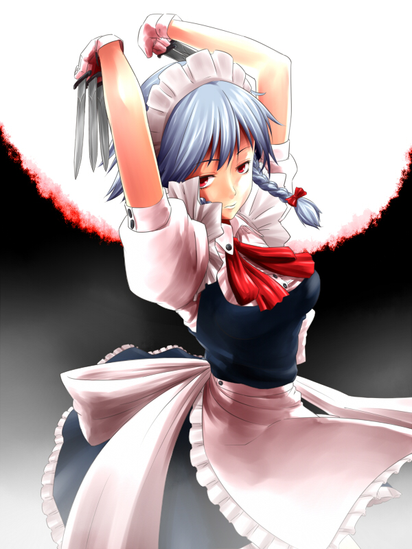 bad_id between_fingers blue_hair braid captain_freedom gloves izayoi_sakuya knife long_hair maid pigtails red_eyes touhou twin_braids