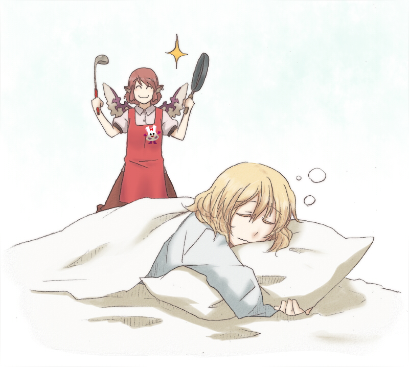 alice_margatroid bed blonde_hair frying_pan ladle multiple_girls mystia_lorelei pan pillow pillow_hug pillows red_hair redhead short_hair sleeping spoon torinone touhou waking_up wings