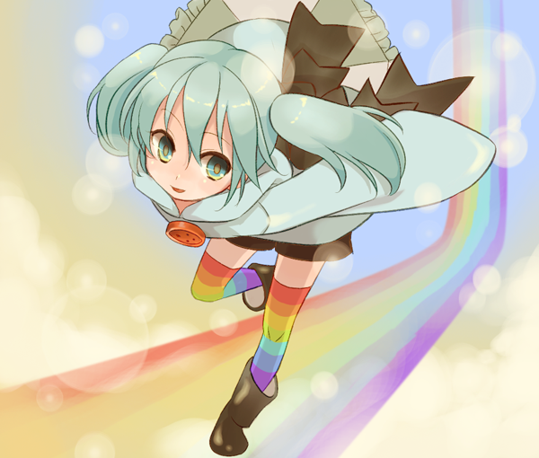 blue_eyes blue_hair boots button buttons emdo_(norabbit) hatsune_miku hoodie large_buttons long_sleeves multicolored_legwear norabbit rainbow rainbow_path reinbo_da_(vocaloid) solo striped striped_legwear striped_thighhighs thigh-highs thighhighs twintails vocaloid young