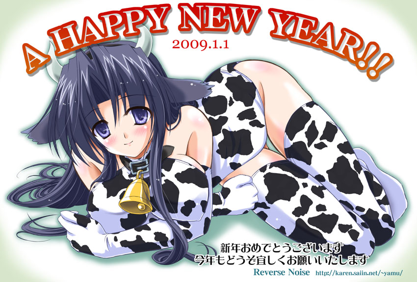 animal_ears bell bell_collar breasts collar cow_bell cow_ears cow_girl cow_print cowgirl elbow_gloves gloves horns kawana_misaki new_year one reverse_noise solo thigh-highs thighhighs yamu_(reverse_noise)