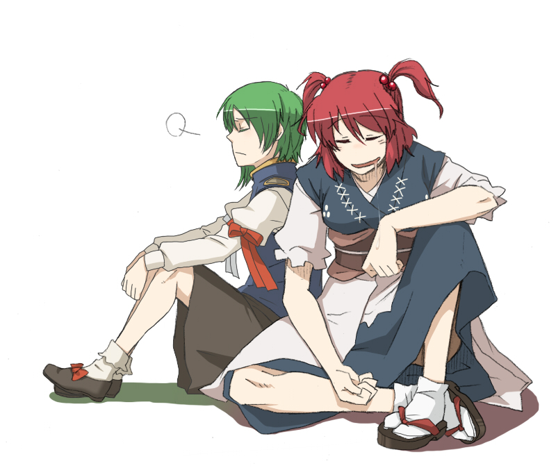 closed_eyes drooling green_hair multiple_girls onozuka_komachi red_hair redhead saliva shikieiki_yamaxanadu short_hair sitting skirt sleeping torinone touhou twintails