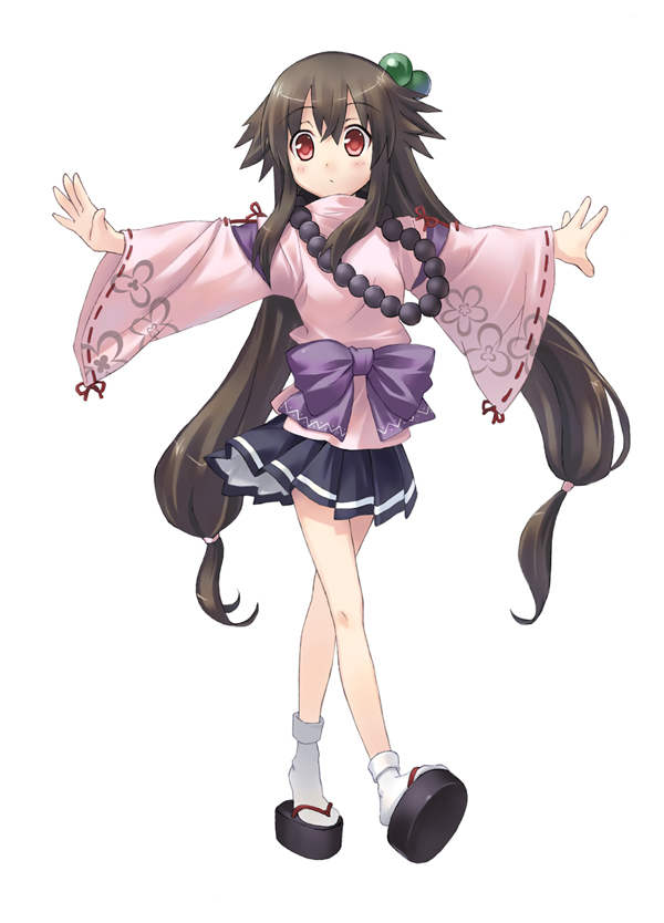 beads blush brown_hair clog_sandals hair_bobbles hair_ornament jewelry long_hair napa necklace original outstretched_arms red_eyes saeki_nao skirt solo spread_arms tabi twintails