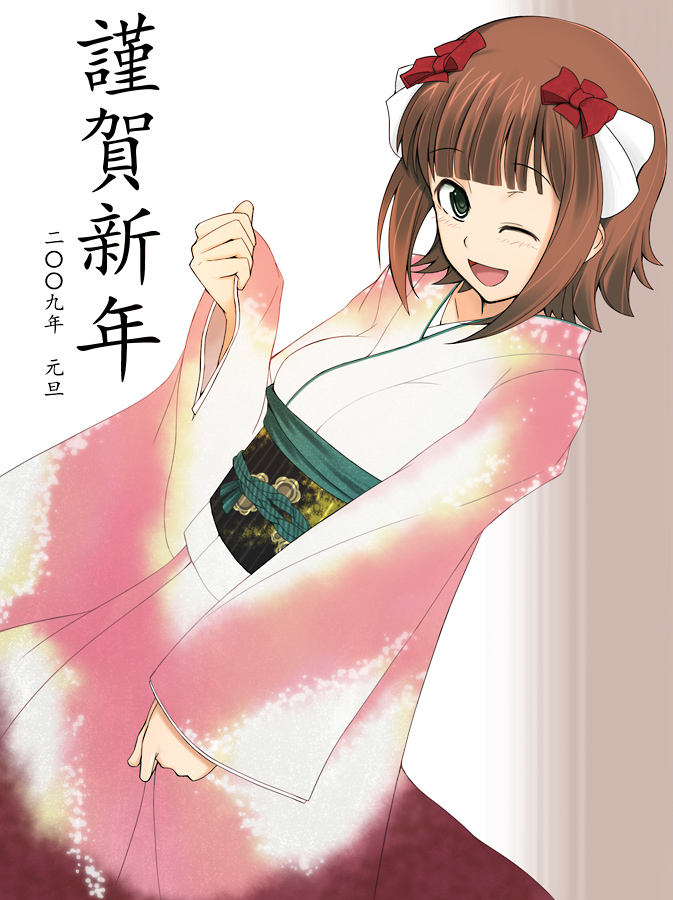 furisode idolmaster japanese_clothes kazuto_san kimono new_year ribbon ribbons solo wink yukata