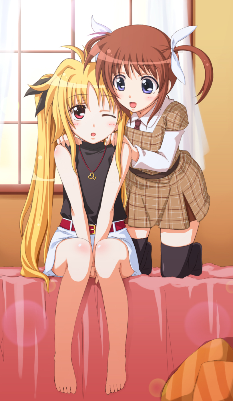 :d ;o bare_shoulders barefoot bed belt between_thighs blonde_hair blue_eyes blush brown_hair casual chobipero curtains fate_testarossa hair_ribbon hair_ribbons hands_on_shoulders highres jewelry kneeling lens_flare long_hair mahou_shoujo_lyrical_nanoha multiple_girls necklace necktie open_mouth pillow plaid purple_eyes red_eyes ribbon ribbons short_hair short_twintails sitting skirt smile takamachi_nanoha tartan thigh-highs thighhighs twintails v_arms window wink