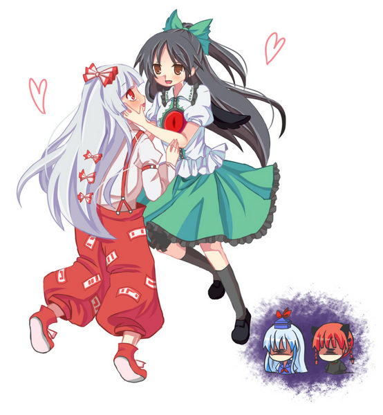 ame braid fujiwara_no_mokou heart jealous jpeg_artifacts kaenbyou_rin kamishirasawa_keine multiple_girls reiuji_utsuho simple_background touhou yuri