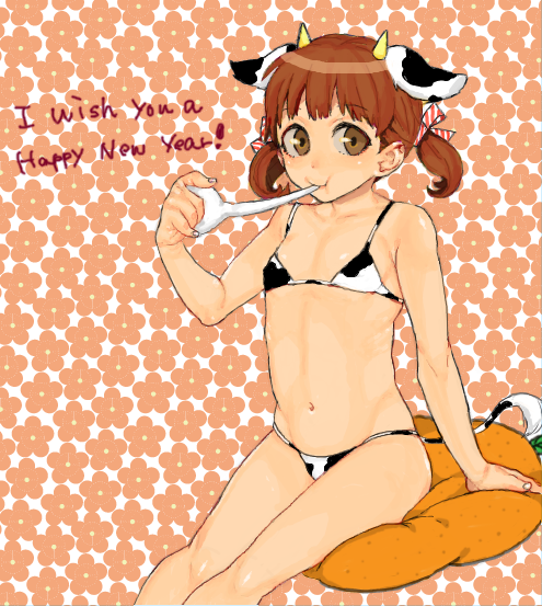 cow_girl cow_print cowgirl doujima_nanako flat_chest happy_new_year horns new_year persona persona_4 swimsuit