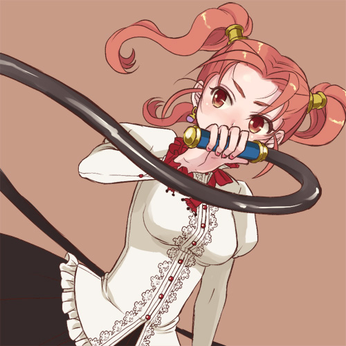 brown_background buttons dragon_quest dragon_quest_viii dutch_angle emdo_(norabbit) frills hair_ornament hairdressing jessica_albert lace lowres norabbit puffy_sleeves red_eyes red_hair redhead ruffles simple_background twintails whip