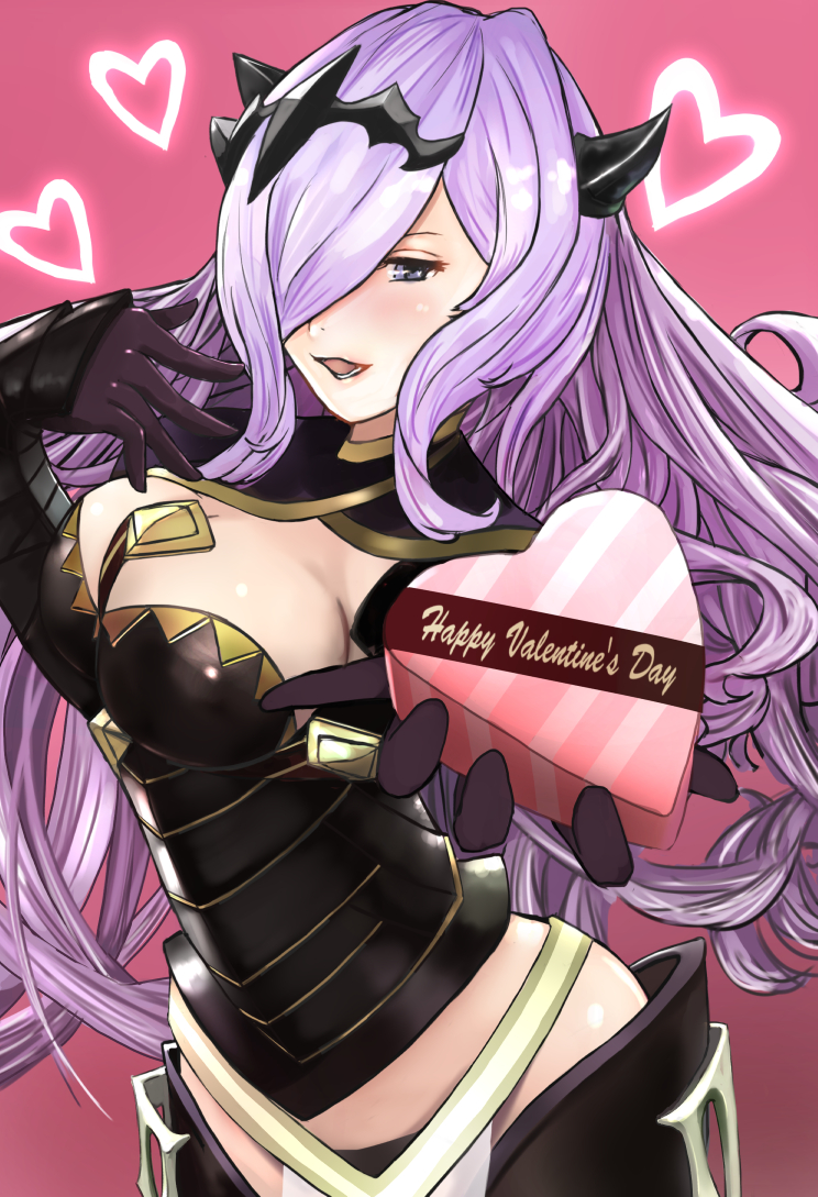 1girl armor blush breasts camilla_(fire_emblem_if) chocolate cleavage fire_emblem fire_emblem_heroes fire_emblem_if gloves hair_over_one_eye large_breasts lips long_hair looking_at_viewer purple_hair smile solo tark1122 tiara very_long_hair violet_eyes wavy_hair