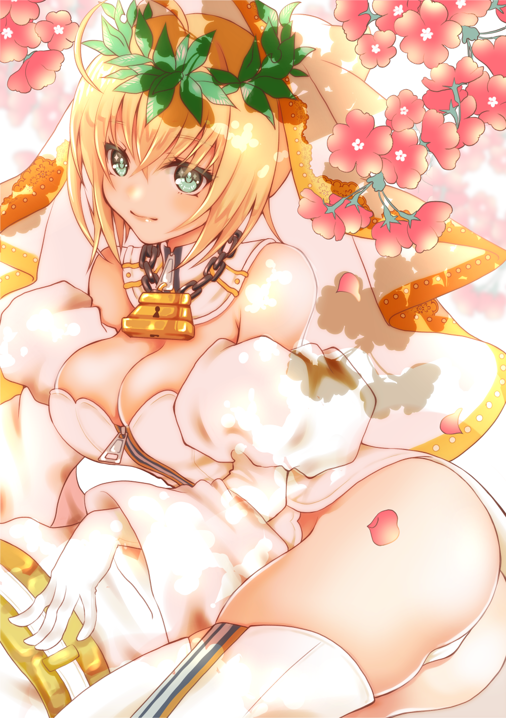 1girl ahoge ass bangs bare_shoulders blonde_hair blush breasts chains cleavage closed_mouth elbow_gloves fate/extra fate/extra_ccc fate_(series) flower gloves green_eyes highres large_breasts laurel_crown lock looking_at_viewer lying on_side padlock panties petals saber_bride saber_extra sheepd smile solo thigh-highs underwear veil white_gloves white_legwear white_panties zipper_pull_tab