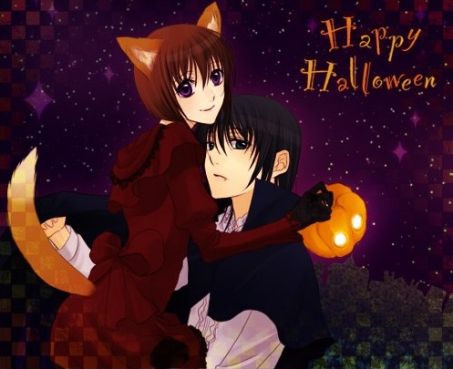 1boy 1girl alternate_costume animal_ears black_gloves black_hair bob_cut brown_hair cape carrying dress fang formal fox_ears fox_tail gloves halloween halloween_costume happy_halloween haruka_(tactics) hetero hug lowres pumpkin red_dress sakura_maccha short_hair sky smile star_(sky) starry_sky tactics tail vampire violet_eyes yoko_(tactics)