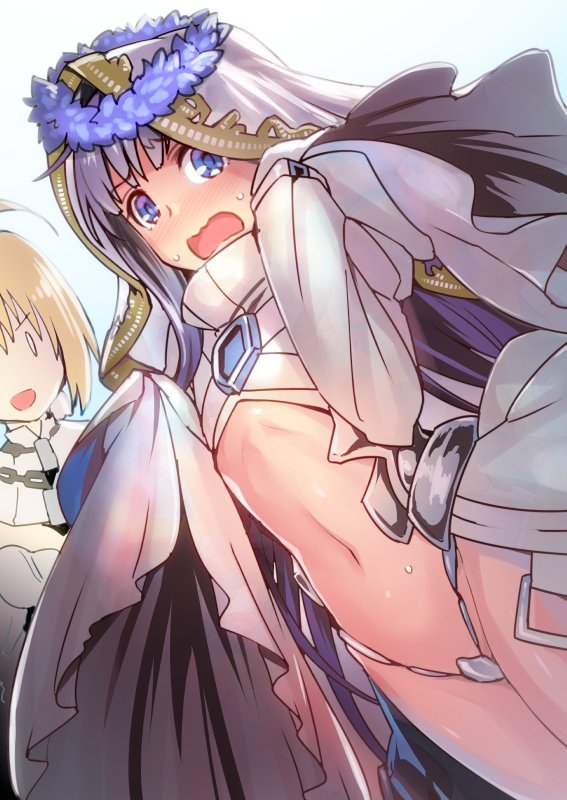 2girls ahoge armor bangs blonde_hair blue_eyes blush breasts cowboy_shot crotch_plate eyebrows_visible_through_hair fate/extra fate/extra_ccc fate/grand_order fate_(series) hands_in_sleeves head_wreath juliet_sleeves long_hair long_sleeves looking_at_viewer meltlilith midriff misao_(kami_no_misoshiru) multiple_girls navel puffy_sleeves purple_hair revealing_clothes saber saber_bride saber_extra sweatdrop thigh-highs thigh_gap veil very_long_hair