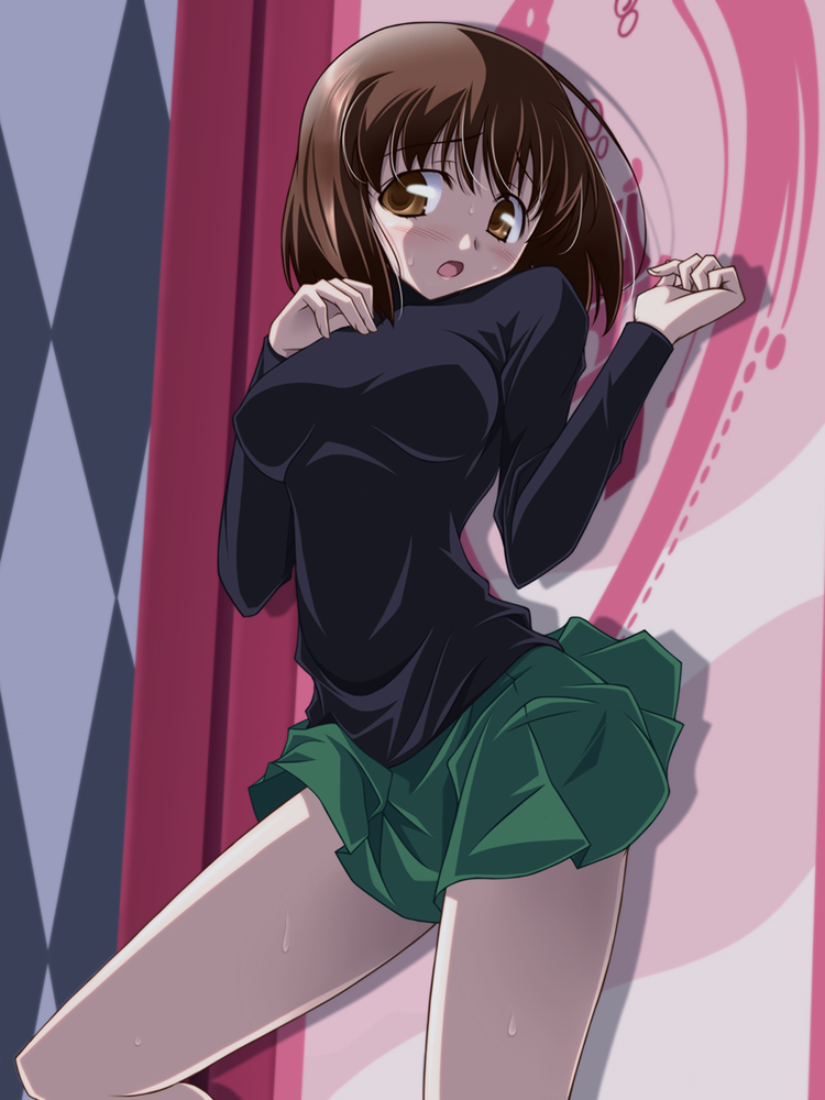 1girl bangs black_shirt blush brown_eyes brown_hair cowboy_shot green_skirt kikuchi_tsutomu long_sleeves looking_at_viewer mawaru_penguindrum miniskirt oginome_ringo open_mouth pleated_skirt shirt short_hair skirt solo standing sweat