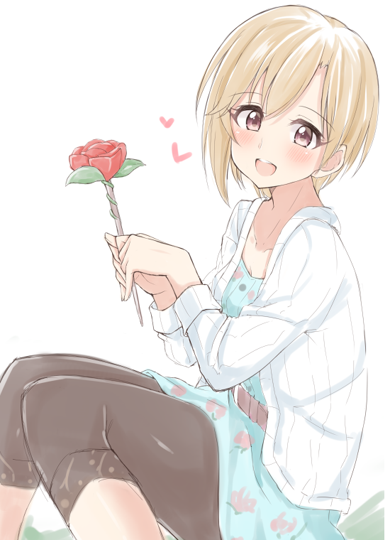 1girl :d aiba_yumi aqua_dress bangs belt black_legwear blonde_hair blush breasts brown_belt brown_eyes cleavage collarbone dress eyebrows_visible_through_hair floral_print flower heart holding holding_flower idolmaster idolmaster_cinderella_girls jacket jiino knees_together_feet_apart leggings long_sleeves looking_at_viewer open_mouth red_rose rose short_hair sitting small_breasts smile solo white_background white_jacket