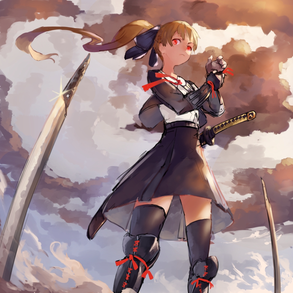 1girl adjusting_clothes adjusting_gloves belt black_legwear black_skirt blade blonde_hair boots bow closed_mouth clouds cloudy_sky commentary_request day feet_out_of_frame from_below from_ground gloves hair_bow jacket katana knee_boots knee_pads kureta_(nikogori) looking_at_viewer looking_down neck_ribbon open_clothes open_jacket original outdoors ponytail red_eyes red_ribbon ribbon sheath sheathed shirt skirt sky solo standing sword thigh-highs thighhighs_under_boots weapon white_shirt