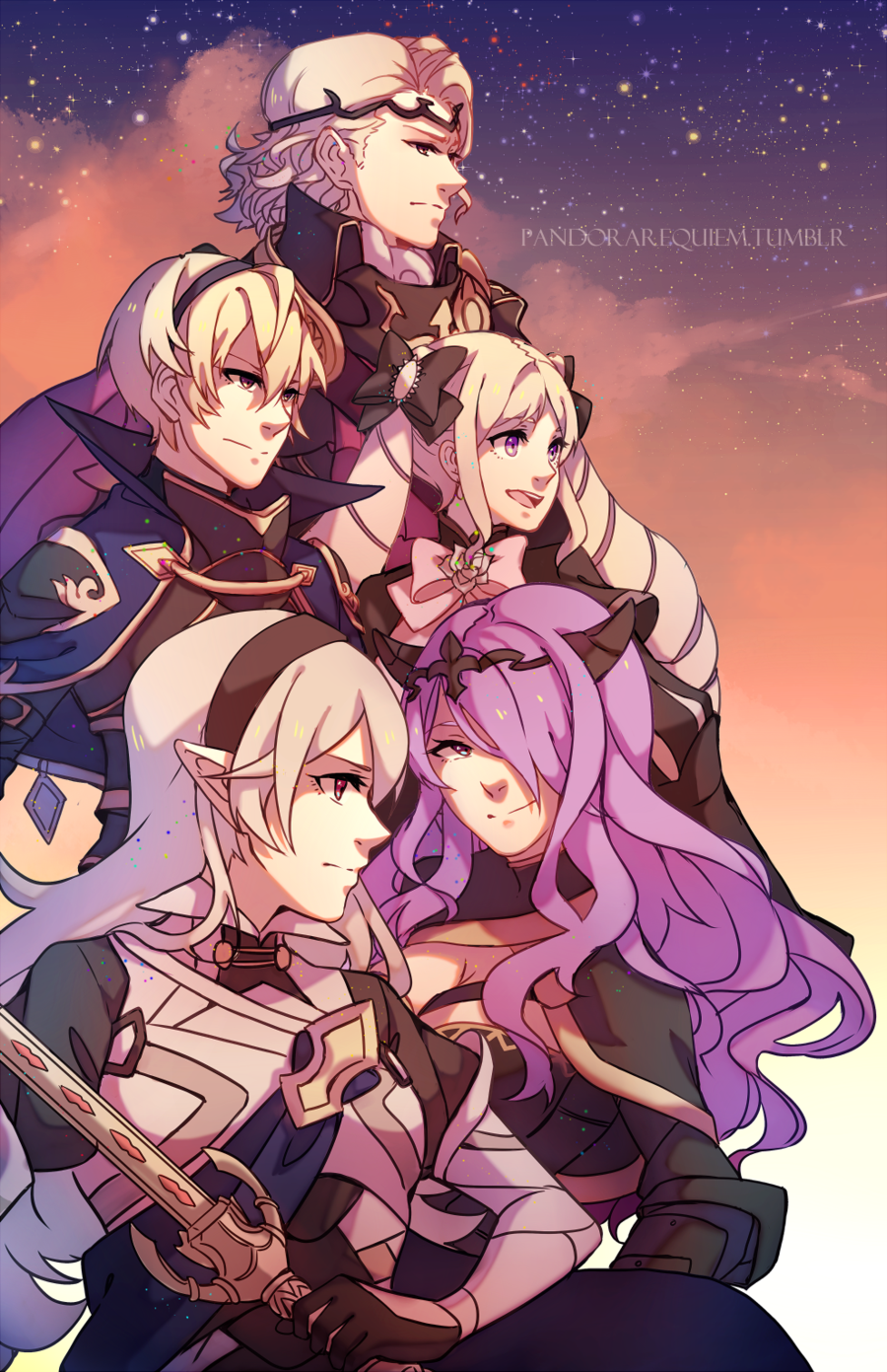 2boys 3girls armor blonde_hair brother_and_sister brothers camilla_(fire_emblem_if) cape elise_(fire_emblem_if) female_my_unit_(fire_emblem_if) fire_emblem fire_emblem_if grey_hair hair_over_one_eye headband highres leon_(fire_emblem_if) long_hair marks_(fire_emblem_if) multiple_boys multiple_girls my_unit_(fire_emblem_if) pointy_ears purple_hair short_hair siblings sisters smile tiara white_hair