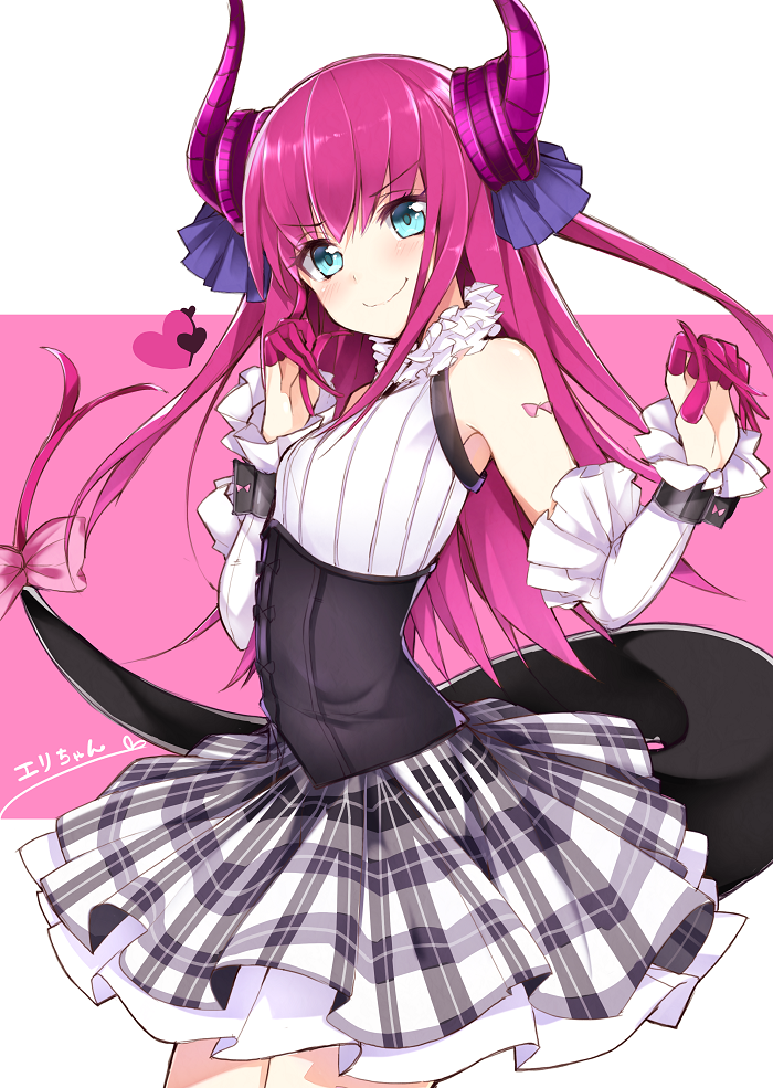 &gt;:) 1girl aqua_eyes arm_warmers bangs blush bow character_name claws cowboy_shot dragon_tail dress eyebrows_visible_through_hair fate/extra fate/extra_ccc fate_(series) frilled_dress frills haruyuki_(yukichasoba) heart horns lancer_(fate/extra_ccc) long_hair looking_at_viewer pink_bow pink_hair smile solo standing tail tail_bow two-tone_background wrist_cuffs