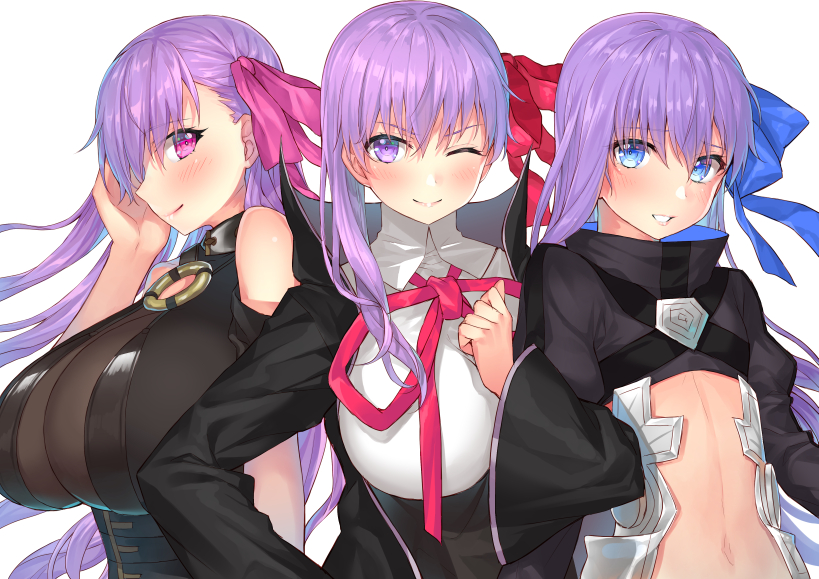 3girls armor bare_shoulders bb_(fate/extra_ccc) black_shirt blue_eyes blush breasts cleavage detached_sleeves erect_nipples fate/extra fate/extra_ccc fate/grand_order fate_(series) from_side gloves hair_between_eyes hair_ribbon hair_tousle hakuishi_aoi huge_breasts large_breasts lips long_hair long_sleeves looking_at_viewer meltlilith multiple_girls navel o-ring_top one_eye_closed parted_lips passion_lip pink_eyes profile purple_hair revealing_clothes ribbon shirt sleeveless sleeveless_shirt small_breasts smile very_long_hair violet_eyes white_gloves