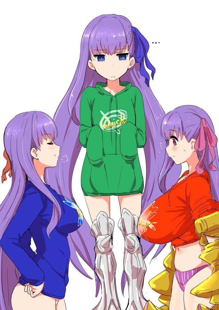 ... 3girls =3 bb_(fate/extra_ccc) blue_eyes blush breast_envy breasts clearite closed_eyes clothes_writing eyebrows_visible_through_hair fate/extra fate/extra_ccc fate/grand_order fate_(series) flat_chest flipped_hair flying_sweatdrops gauntlets hair_over_shoulder hair_ribbon hand_on_hip hood hooded_sweater hoodie huge_breasts large_breasts long_hair meltlilith multiple_girls navel panties passion_lip pink_panties purple_hair ribbon simple_background sleeves_past_wrists smile striped sweatdrop sweater thigh-highs underwear vertical-striped_panties vertical_stripes very_long_hair violet_eyes white_background white_pupils
