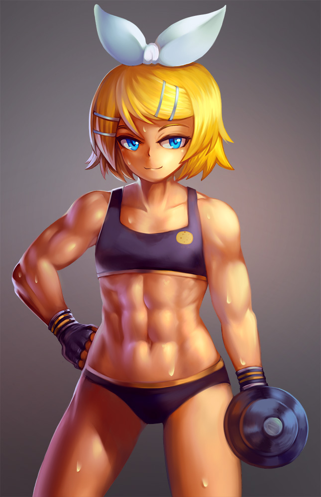1girl abs bangs blonde_hair blue_eyes bow dumbbell eyebrows fingerless_gloves flat_chest gloves grey_background hair_bow hair_ornament hairclip hand_on_hip kagamine_rin light_smile midriff muscle muscular_female navel short_shorts shorts smile solo sports_bra standing sweat swept_bangs vocaloid yilx