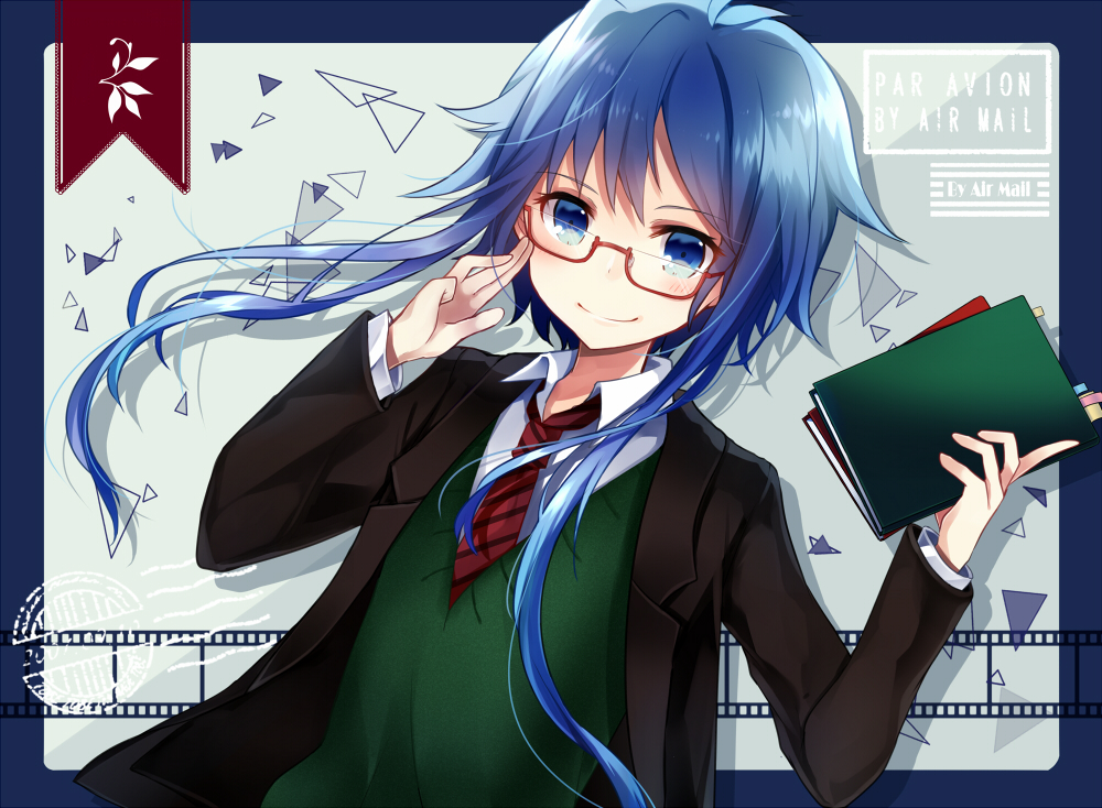 1girl adjusting_glasses bangs blazer blue_eyes blue_hair book closed_mouth collared_shirt eyebrows_visible_through_hair floating_hair glasses hands_up holding holding_book jacket kusada_souta looking_at_viewer necktie open_blazer open_clothes open_jacket original red-framed_eyewear red_necktie school_uniform semi-rimless_glasses shirt short_hair_with_long_locks smile solo striped striped_necktie under-rim_glasses upper_body vest white_shirt