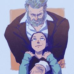 1girl blue_background blue_jacket brown_hair father_and_daughter jacket laura_kinney logan_(movie) lowres marvel white_hair wolverine x-23 x-men