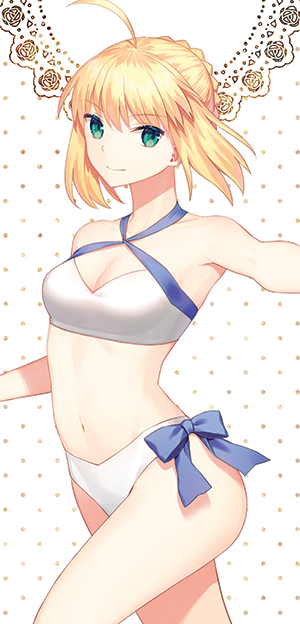 &gt;:) 1girl :d ahoge armpits bare_arms bare_shoulders bikini blue_bow bow breasts cleavage closed_mouth collarbone cowboy_shot criss-cross_halter eyebrows_visible_through_hair fate/stay_night fate_(series) halterneck karinzero looking_at_viewer navel open_mouth outstretched_arm saber short_hair small_breasts smile solo stomach swimsuit thighs walking white_bikini