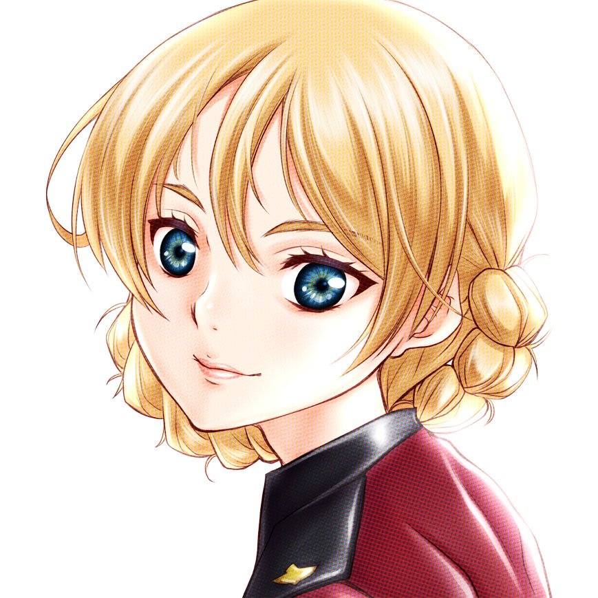 1girl bangs blonde_hair blue_eyes braid commentary_request darjeeling face girls_und_panzer jacket light_smile looking_at_viewer looking_back red_jacket shiromitsu_suzaku short_hair simple_background smile solo st._gloriana's_school_uniform tied_hair traditional_media twin_braids white_background