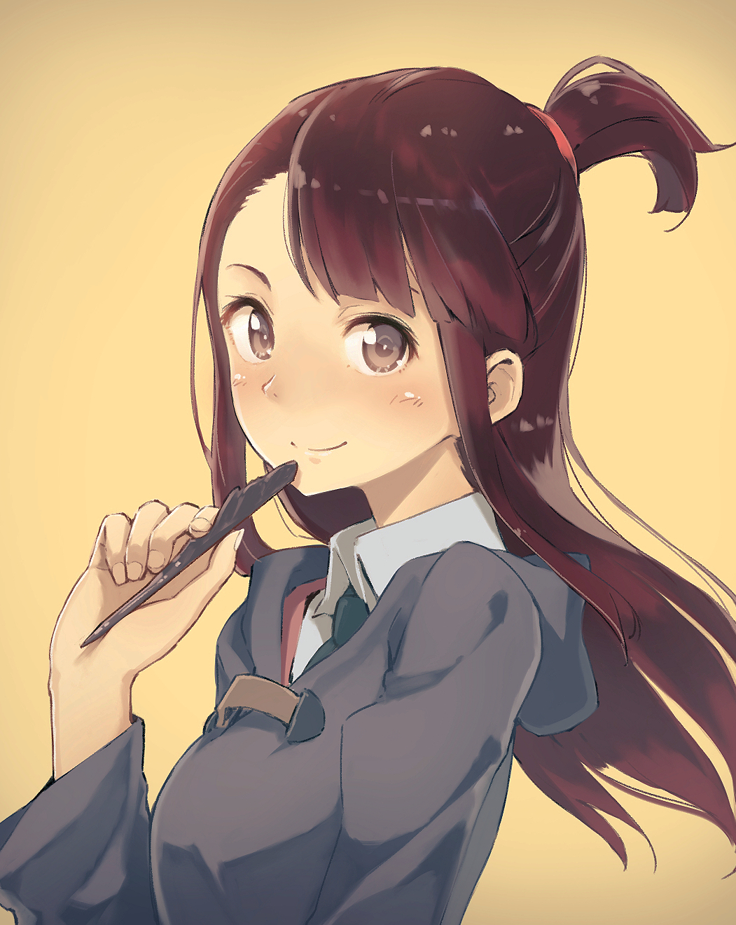 1girl bangs blush breasts brown_eyes brown_hair closed_mouth collared_shirt dress highres hood kagari_atsuko little_witch_academia long_hair long_sleeves looking_at_viewer minamito necktie pen shirt sidelocks smile solo upper_body wide_sleeves