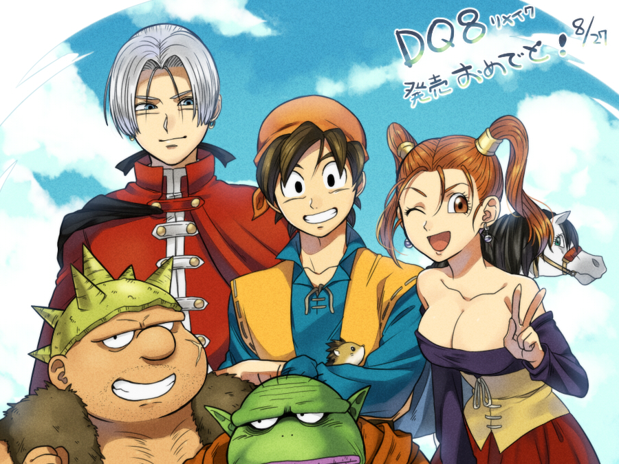 bare_shoulders black_eyes black_hair blue_eyes breasts brown_eyes brown_hair cape cleavage clenched_hand dated dragon_quest dragon_quest_viii earrings facial_hair grin hair_tubes hat hero_(dq8) horse jessica_albert jewelry kukuru_(dq8) large_breasts medea one_eye_closed open_mouth petagon pointy_ears scar_on_cheek silver_hair smile spikes stubble translation_request trode twintails v yangus