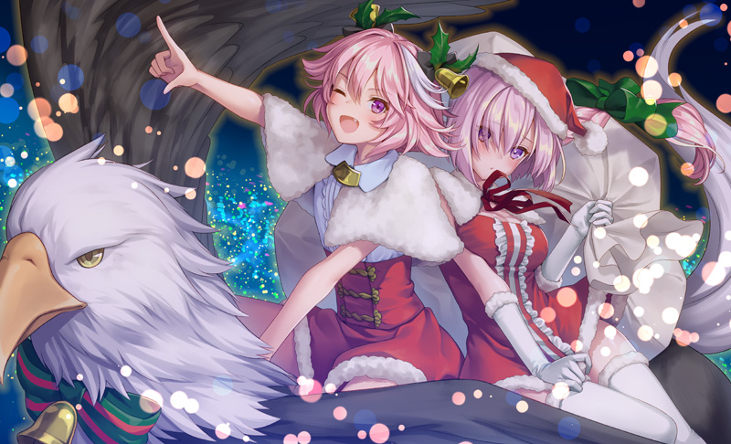 1boy 1girl :o ;d astolfo_(fate) bell black_bow bow braid capelet christmas crossdressinging dress dress_tug eyes_visible_through_hair fang fate/apocrypha fate/grand_order fate_(series) flying frilled_dress frills fur_trim gift_bag gloves green_bow hair_bell hair_bow hair_intakes hair_ornament hair_over_one_eye hat hippogriff index_finger_raised lavender_hair long_braid long_hair looking_at_viewer mash_kyrielight multicolored_hair ne-on one_eye_closed open_mouth pink_hair pointing red_dress riding santa_costume santa_hat short_dress short_hair single_braid smile streaked_hair trap very_long_hair violet_eyes white_gloves wind